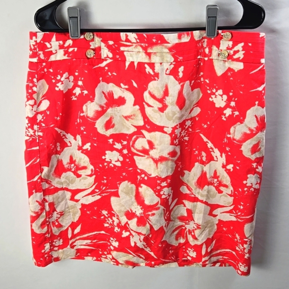 Ann Taylor LOFT Floral Pencil Skirt 14 Red Cream Nautical Button‎ Cotton Lined